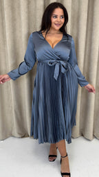 CurveWow Long Sleeve Pleated Wrap Dress Gunmetal Grey