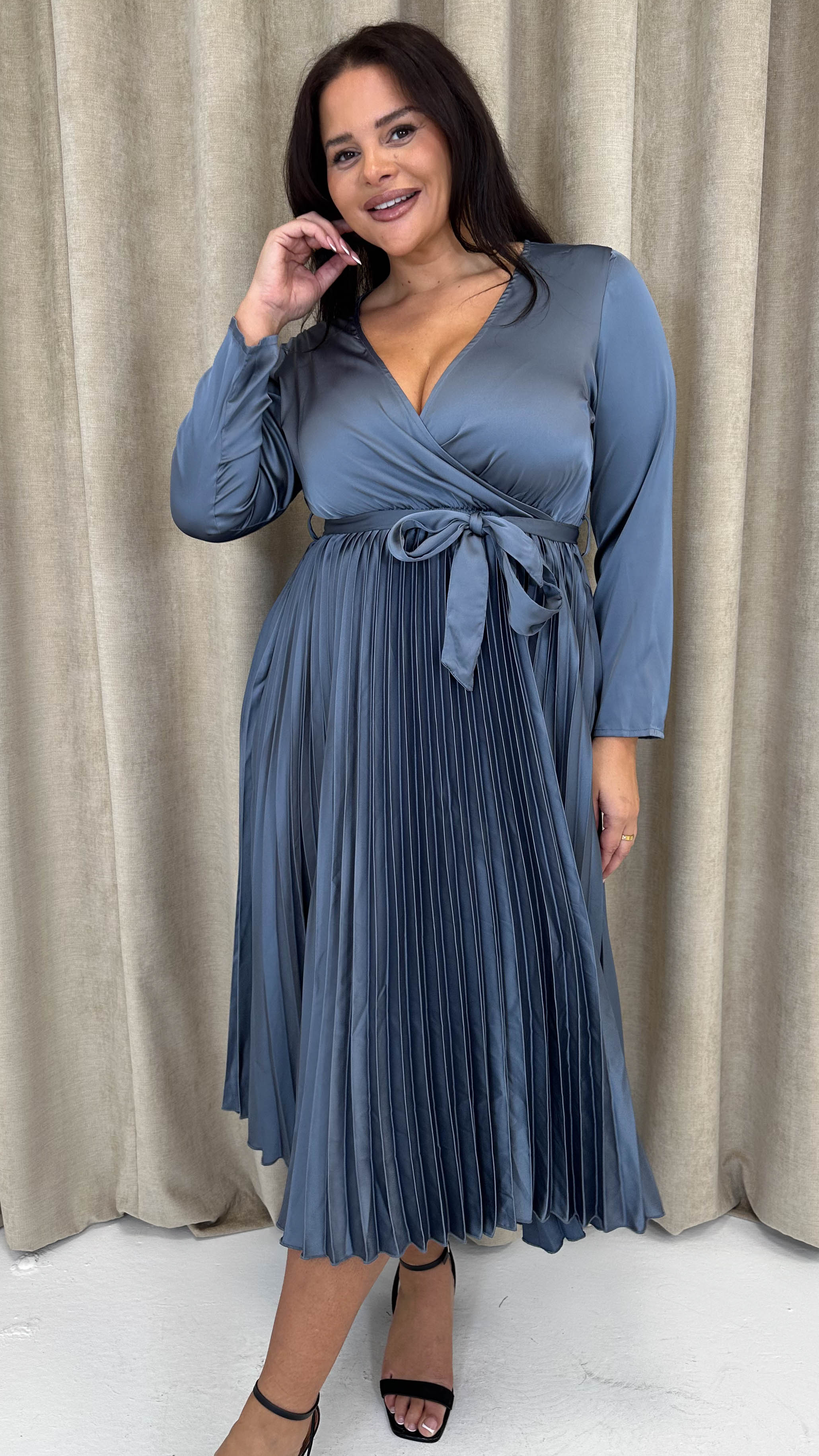 CurveWow Long Sleeve Pleated Wrap Dress Gunmetal Grey