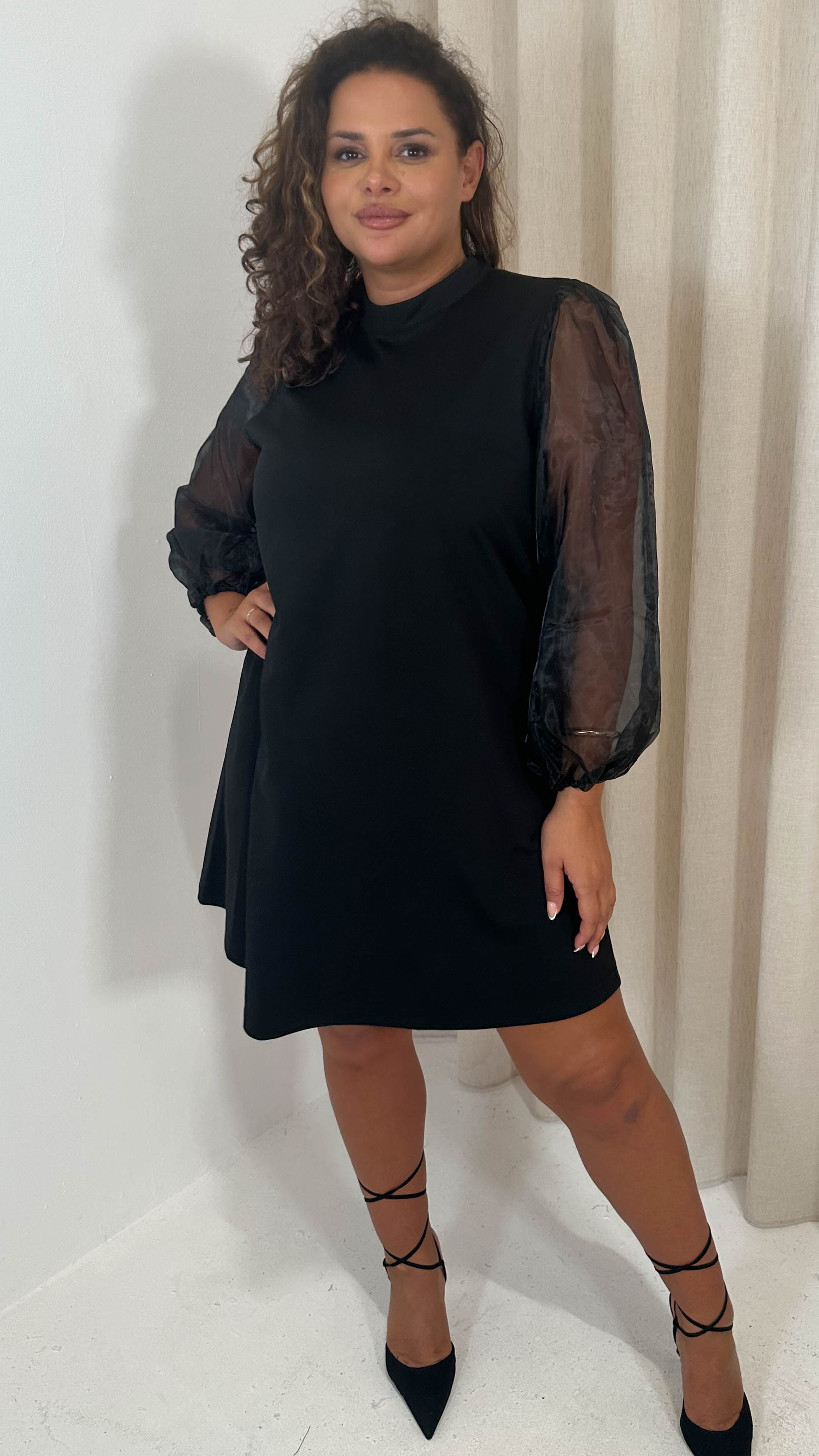 CurveWow Organza Sleeve Shift Dress Black