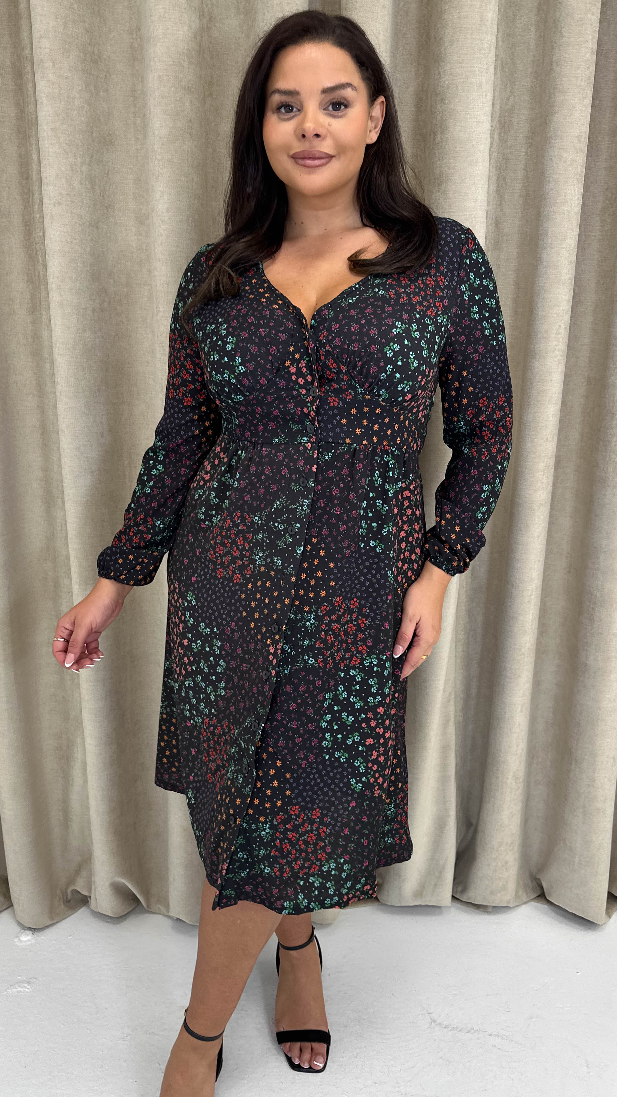 CurveWow Woven Button Front Dress Patchwork Floral
