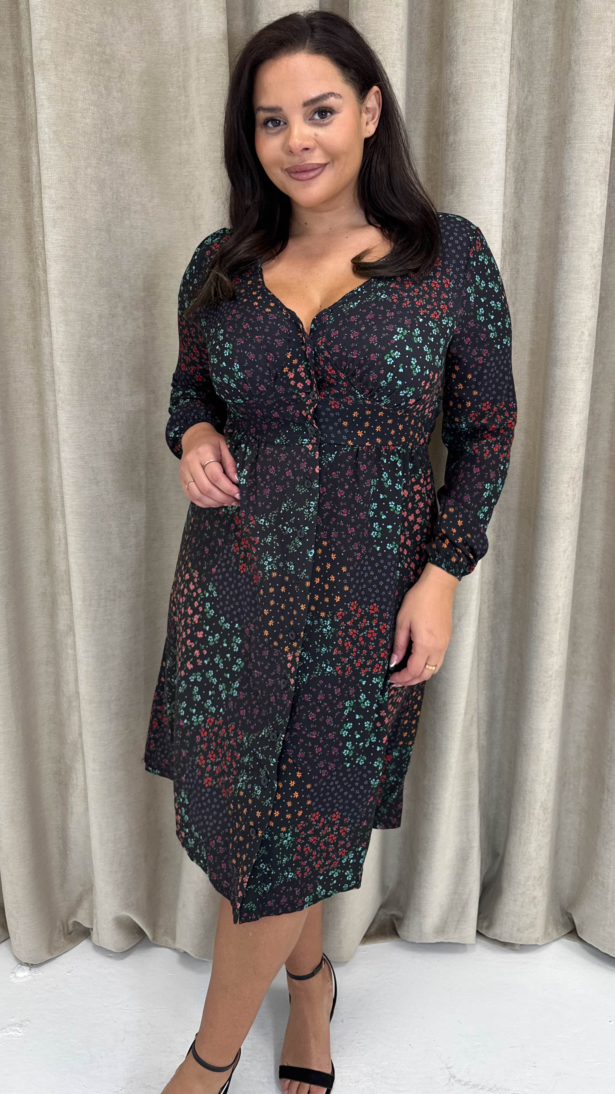 CurveWow Woven Button Front Dress Patchwork Floral