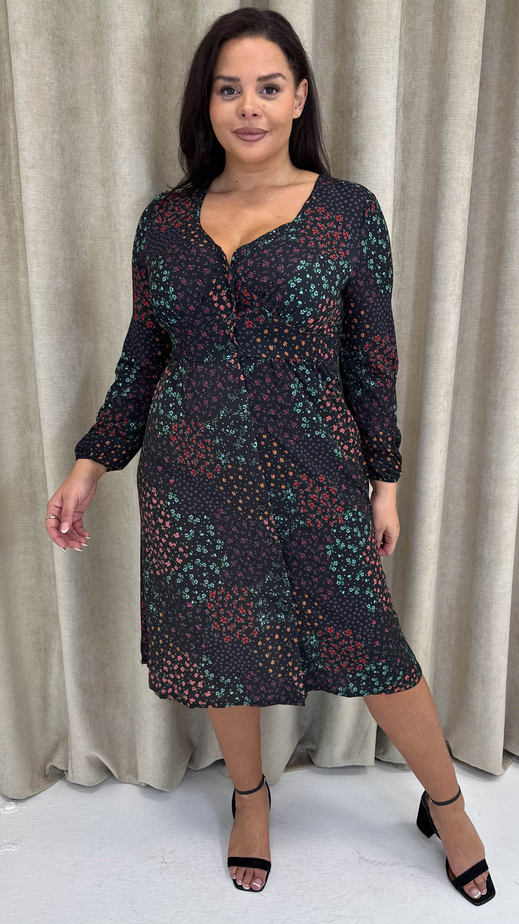 CurveWow Woven Button Front Dress Patchwork Floral