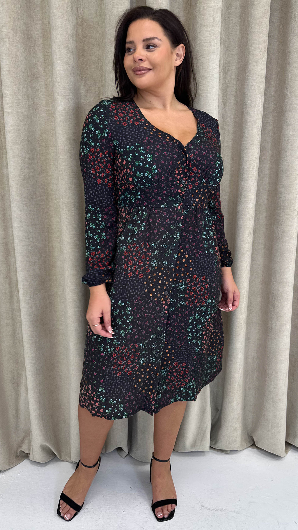 CurveWow Woven Button Front Dress Patchwork Floral