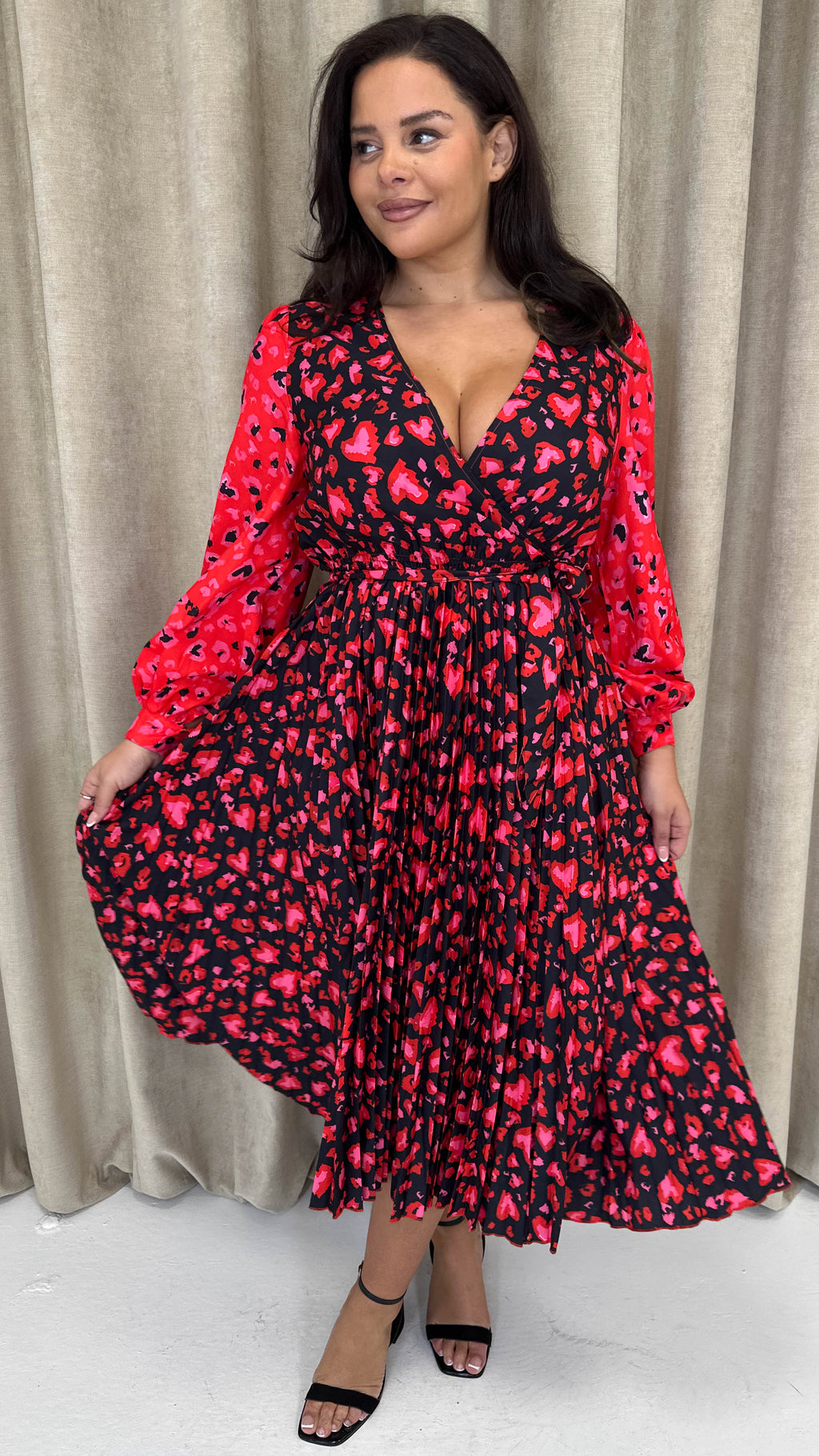 CurveWow Printed Pleated Midi Dress Red Animal Mix