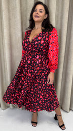CurveWow Printed Pleated Midi Dress Red Animal Mix