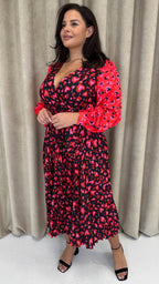 CurveWow Printed Pleated Midi Dress Red Animal Mix