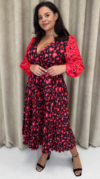 CurveWow Printed Pleated Midi Dress Red Animal Mix