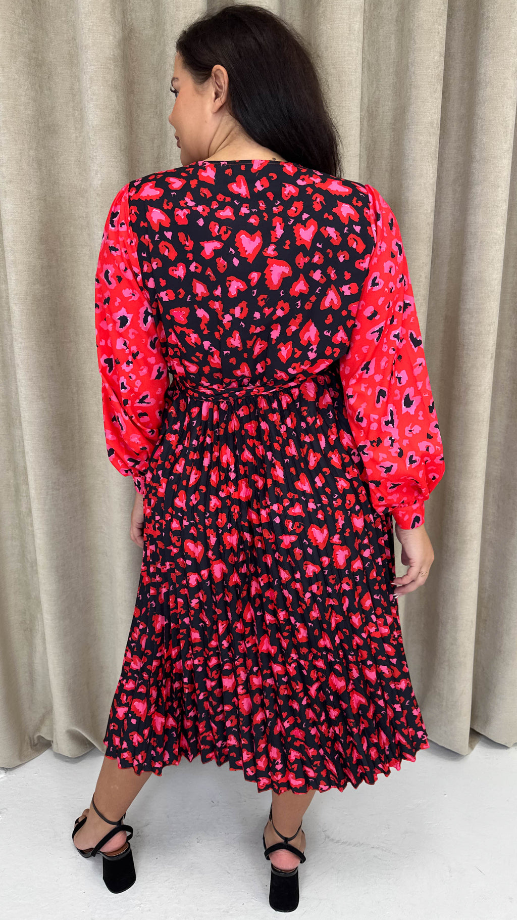 CurveWow Printed Pleated Midi Dress Red Animal Mix