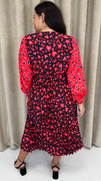 CurveWow Printed Pleated Midi Dress Red Animal Mix