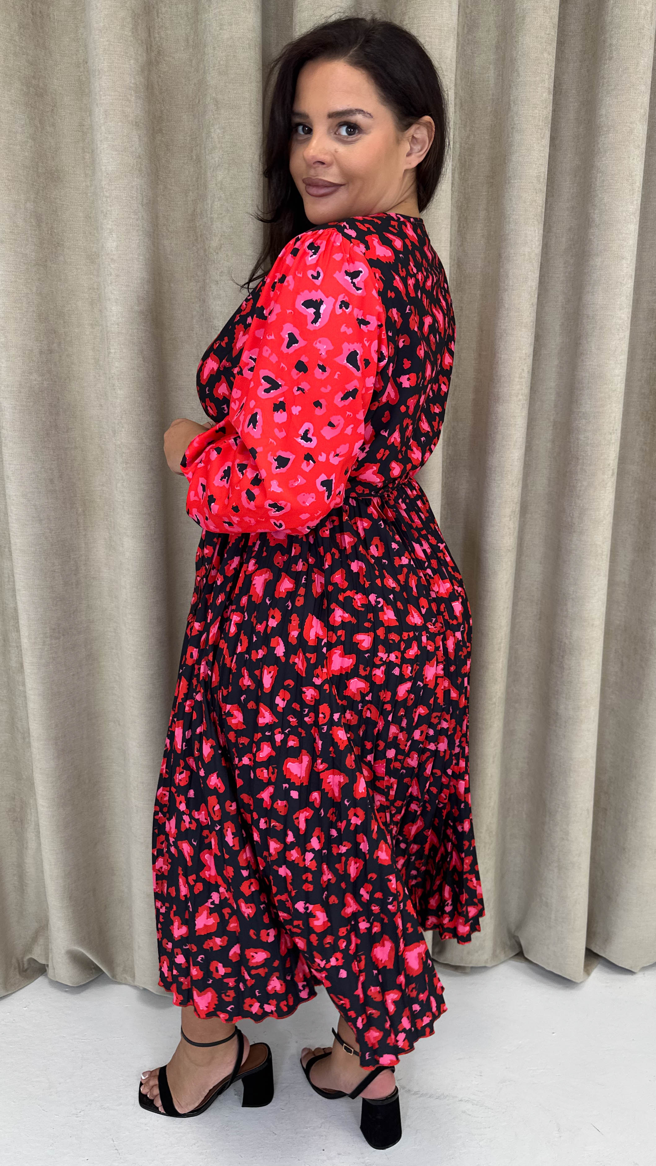 CurveWow Printed Pleated Midi Dress Red Animal Mix