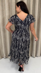 CurveWow Printed Flutter Sleeve Midaxi Dress Black
