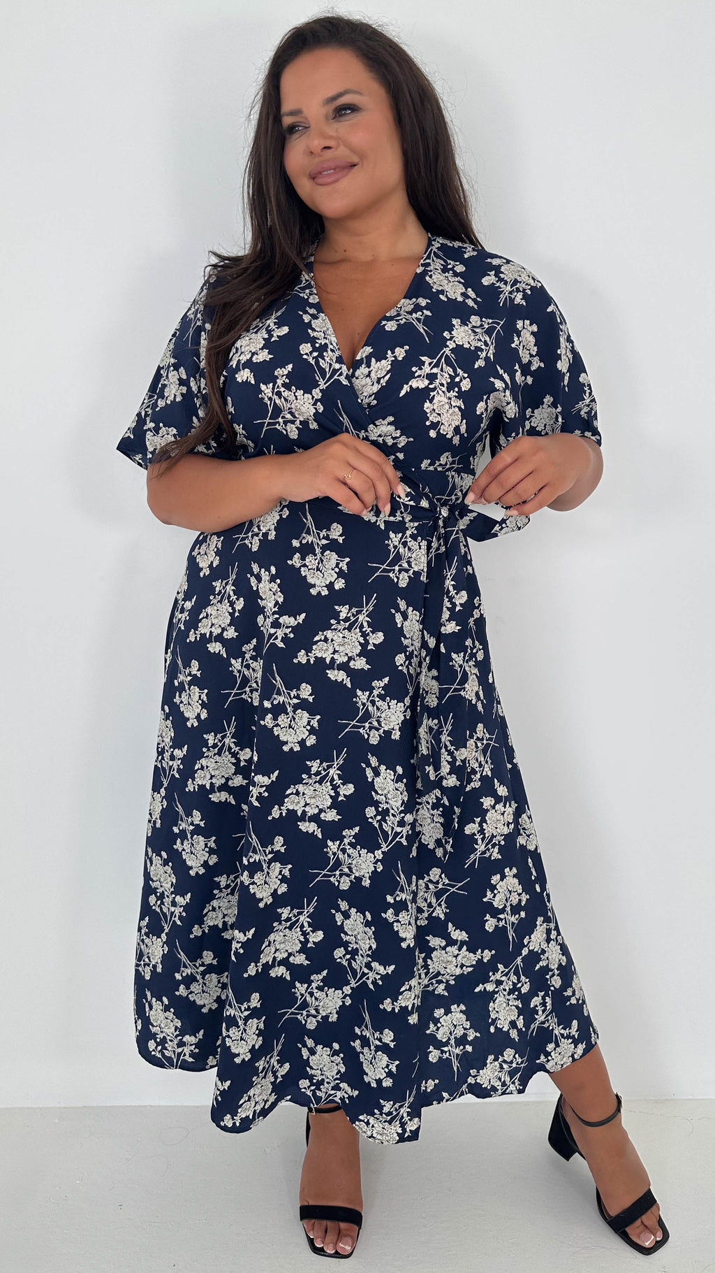 CurveWow Kimono Wrap Midaxi Dress Navy Floral