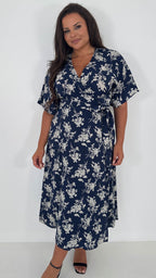 CurveWow Kimono Wrap Midaxi Dress Navy Floral