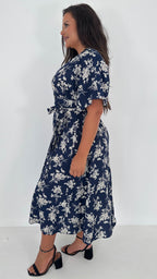 CurveWow Kimono Wrap Midaxi Dress Navy Floral