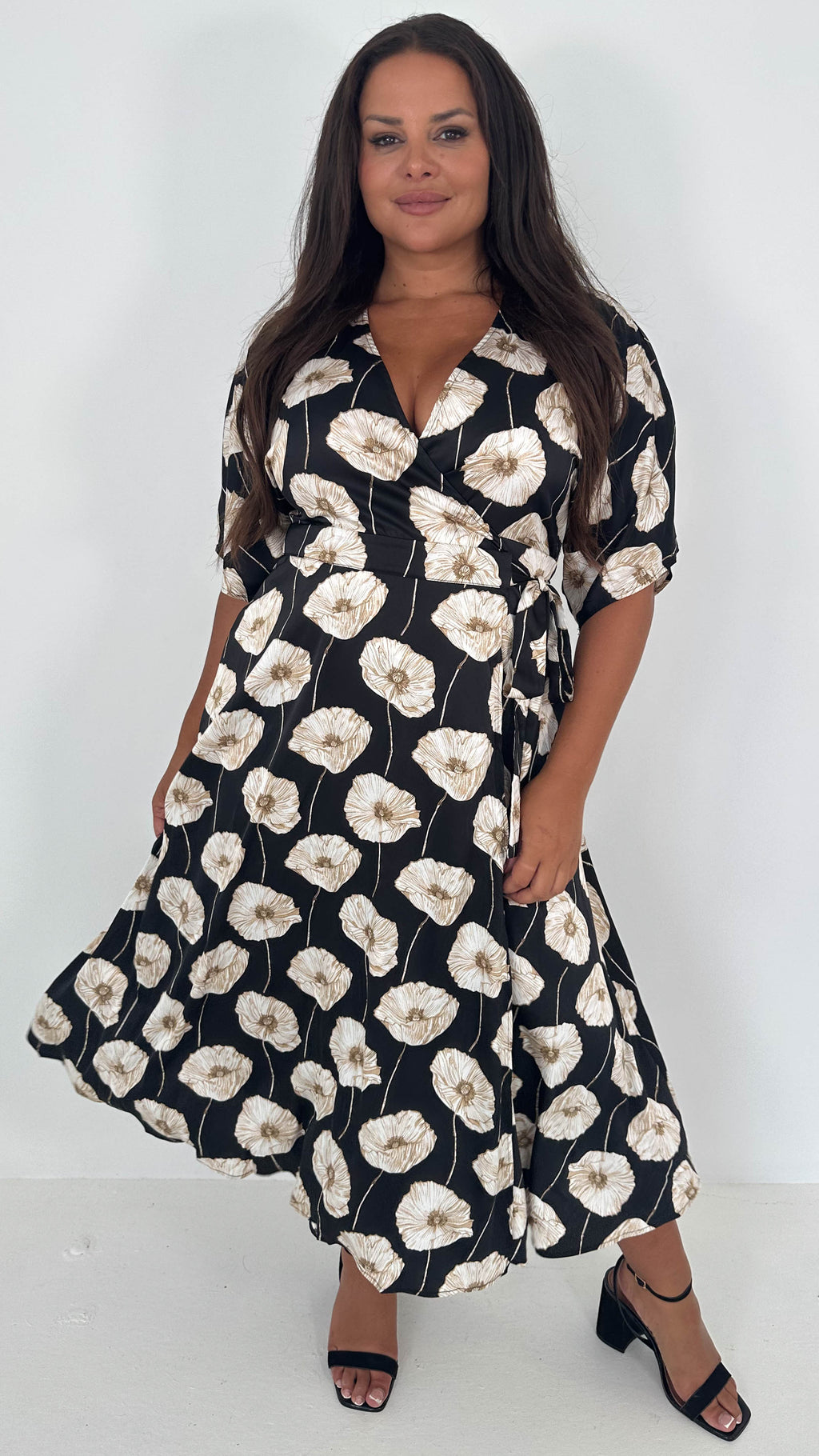 CurveWow Kimono Wrap Midaxi Dress White Poppy