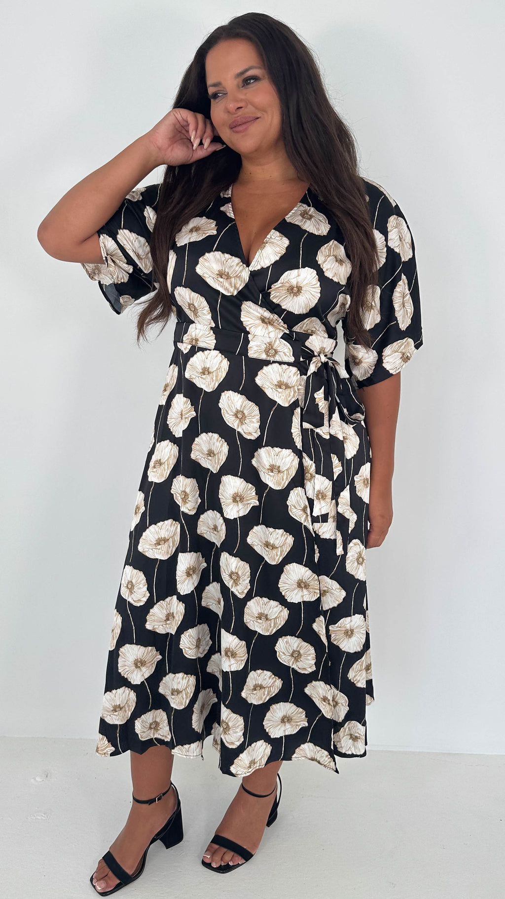 CurveWow Kimono Wrap Midaxi Dress White Poppy