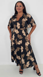 CurveWow Gathered Bust Maxi Dress Black & Gold Floral
