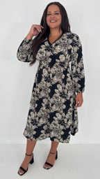 CurveWow Lace Trim Midi Dress Black Floral