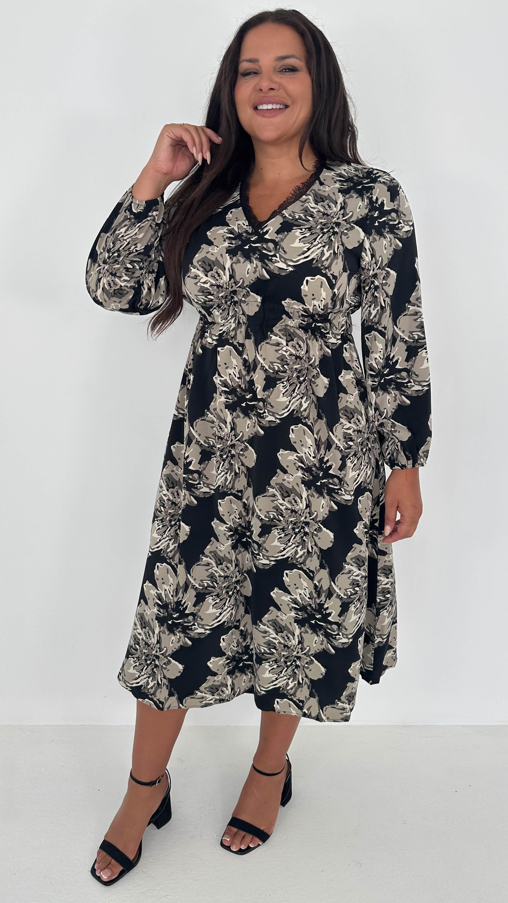 CurveWow Lace Trim Midi Dress Black Floral