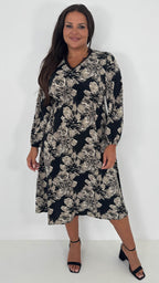 CurveWow Lace Trim Midi Dress Black Floral