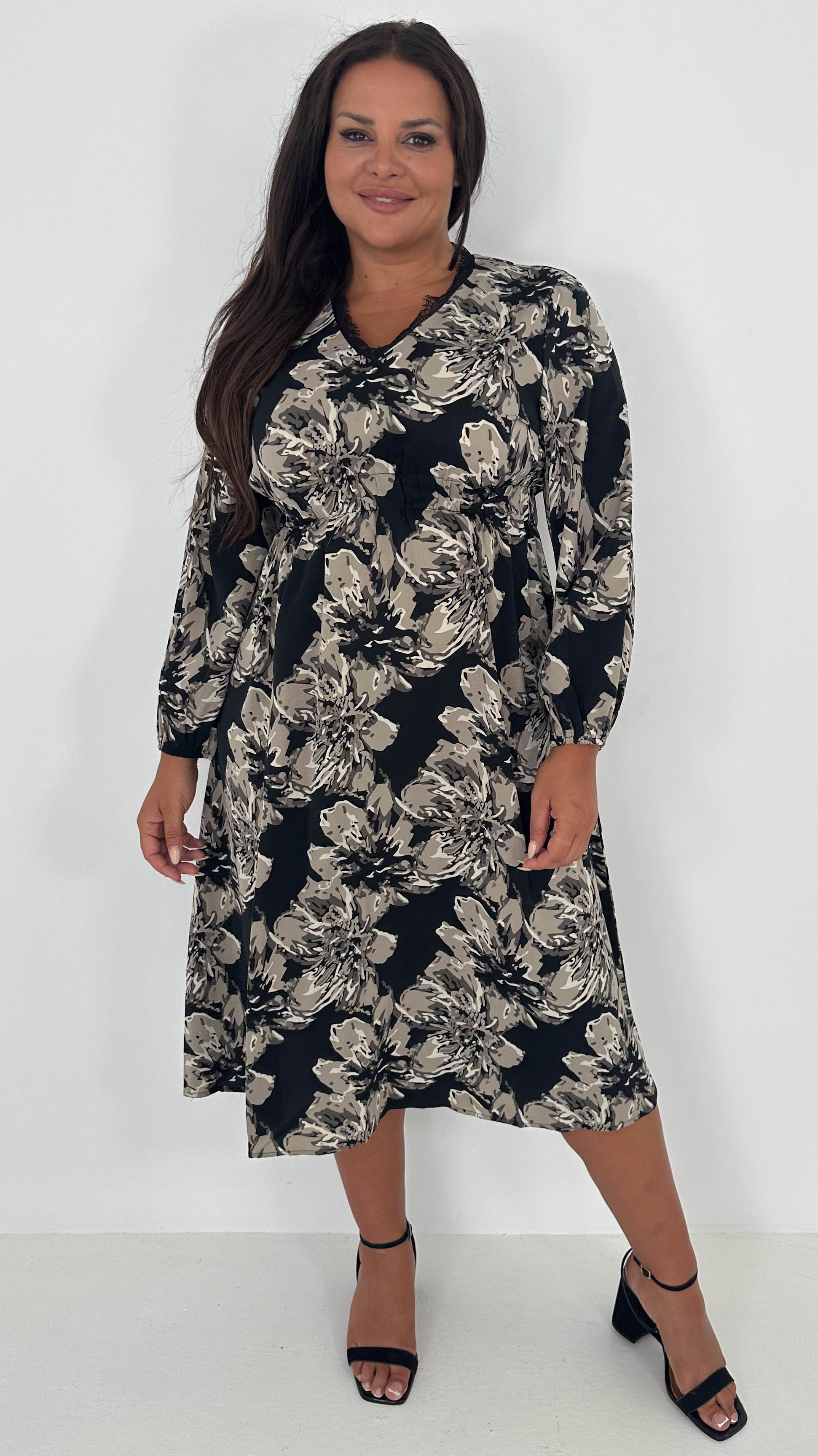 CurveWow Lace Trim Midi Dress Black Floral