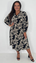 CurveWow Lace Trim Midi Dress Black Floral
