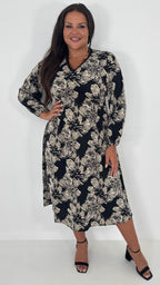 CurveWow Lace Trim Midi Dress Black Floral
