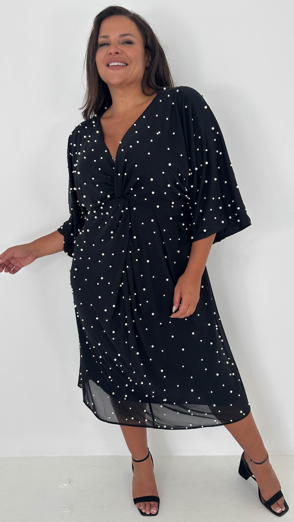 CurveWow Pearl Embellished Knot Front Dress Black