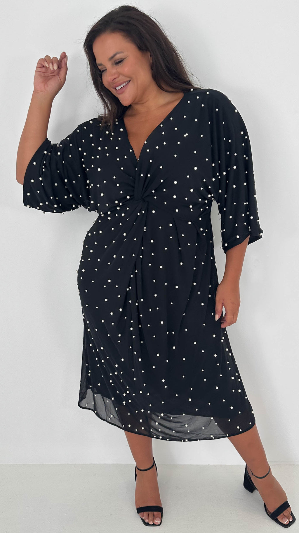 CurveWow Pearl Embellished Knot Front Dress Black