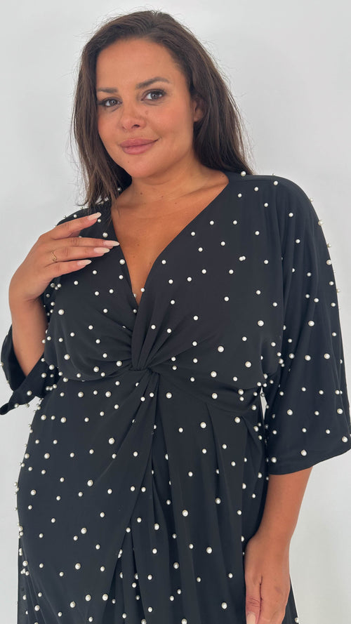 CurveWow Pearl Embellished Knot Front Dress Black