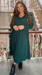 CurveWow Textured V Neck Long Sleeve Midi Dress Green