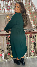 CurveWow Textured V Neck Long Sleeve Midi Dress Green