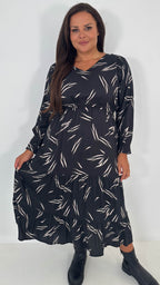 CurveWow V-Neck Midi Dress Black & Nude Print