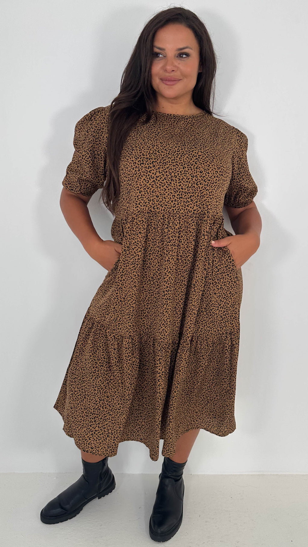CurveWow Printed Midi Smock Dress Black Animal