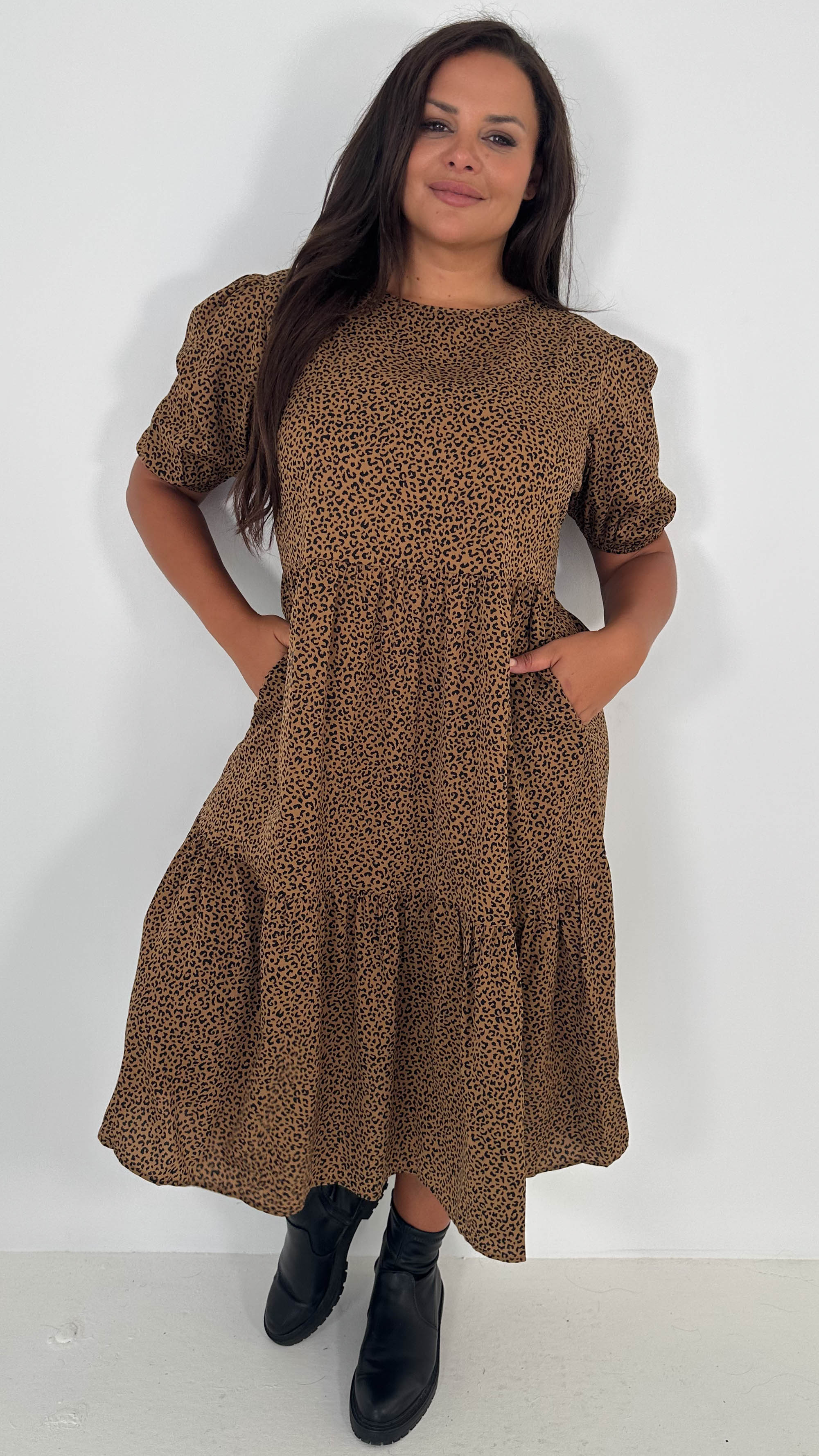 CurveWow Printed Midi Smock Dress Black Animal