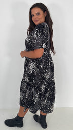 CurveWow Printed Midi Smock Dress Black Spot