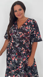 CurveWow Wrap Angel Sleeve Trapeze Midi Dress Floral Spot