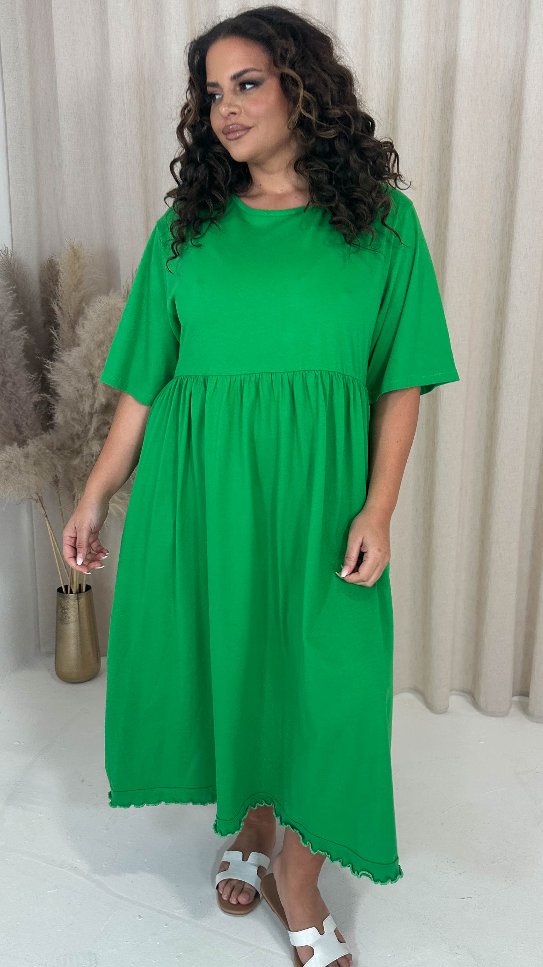 CurveWow Lettuce Hem Smock Midi Dress Green