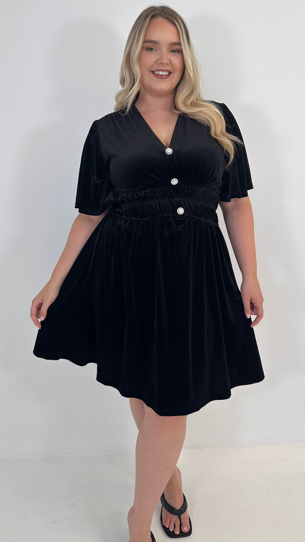 CurveWow Velvet Diamante Button Front Mini Dress Black