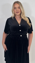 CurveWow Velvet Diamante Button Front Mini Dress Black