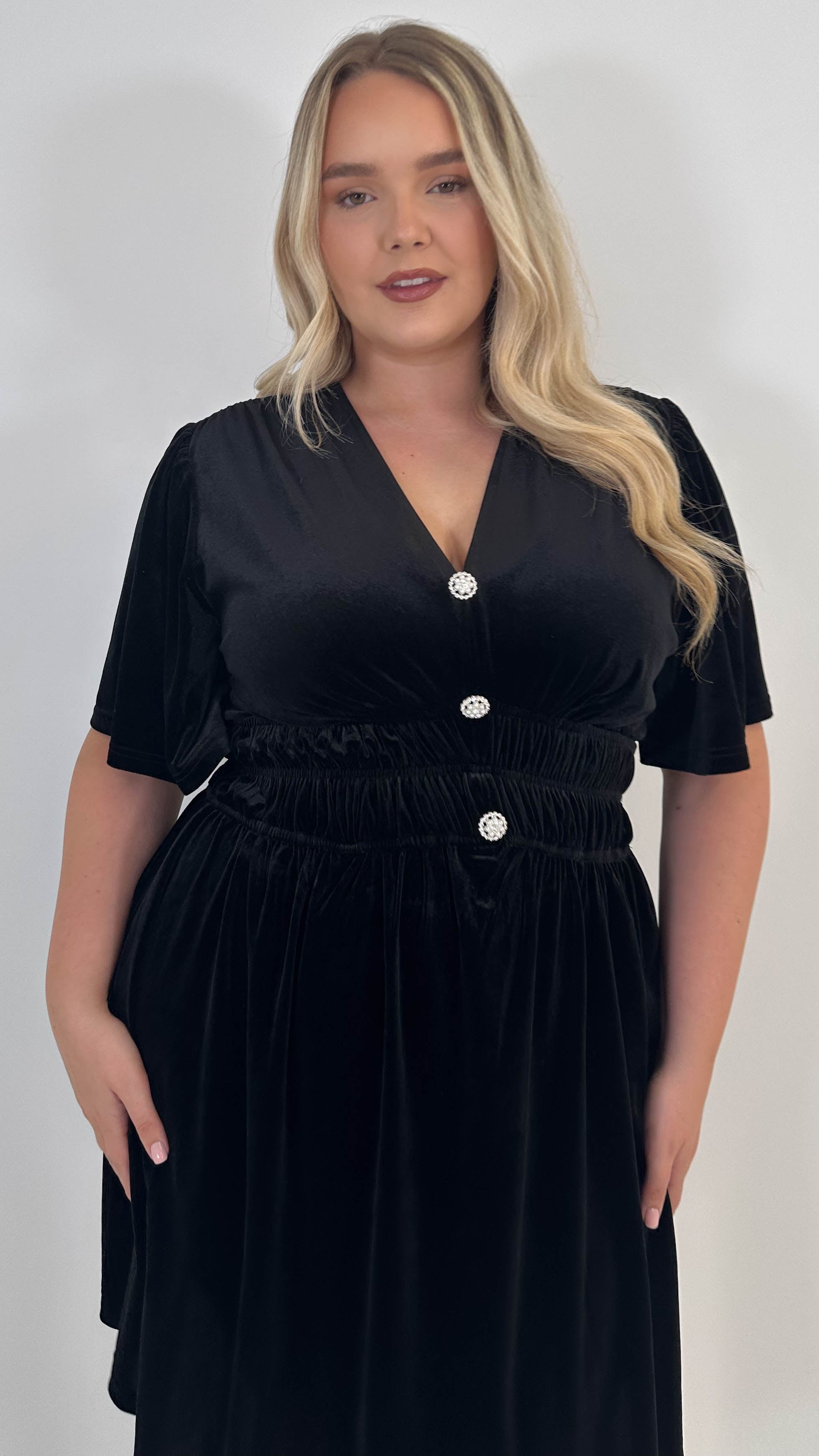 CurveWow Velvet Diamante Button Front Mini Dress Black
