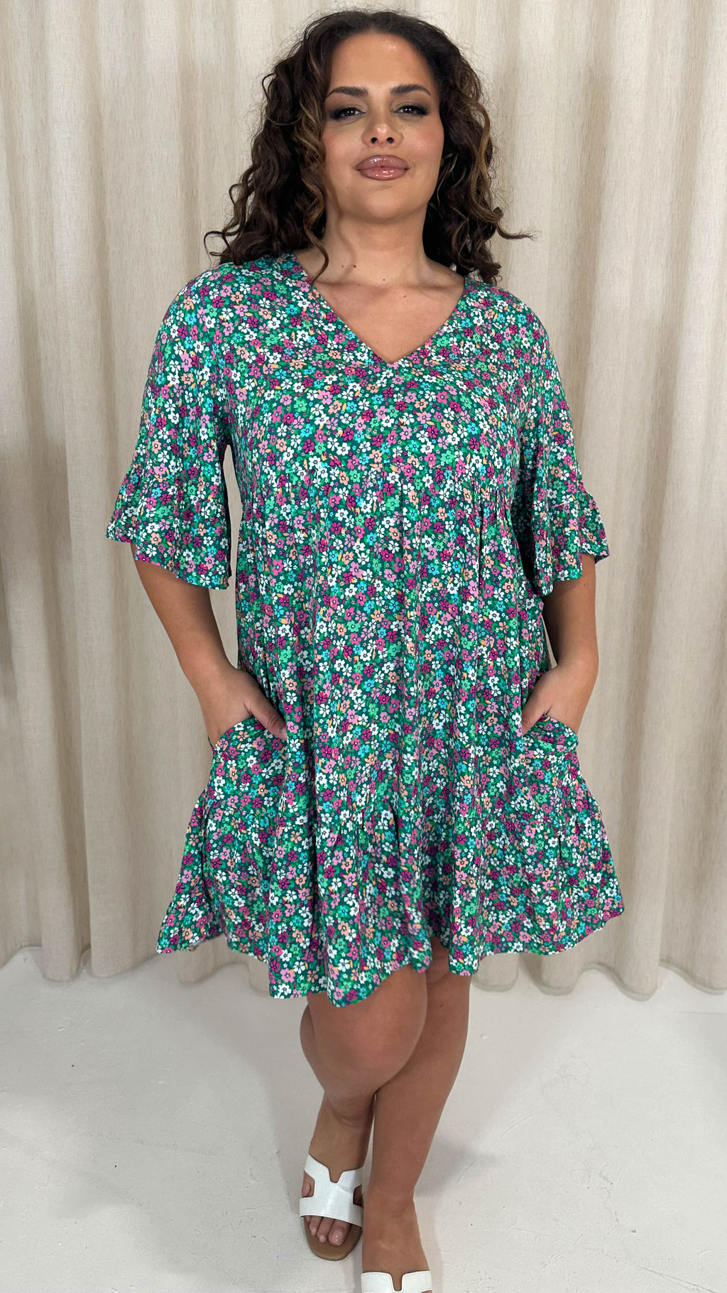 CurveWow V Neck Frill Sleeve Smock Dress Green Floral