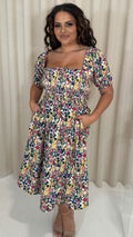 CurveWow Shirred Square Neck Midi Dress Multi Floral