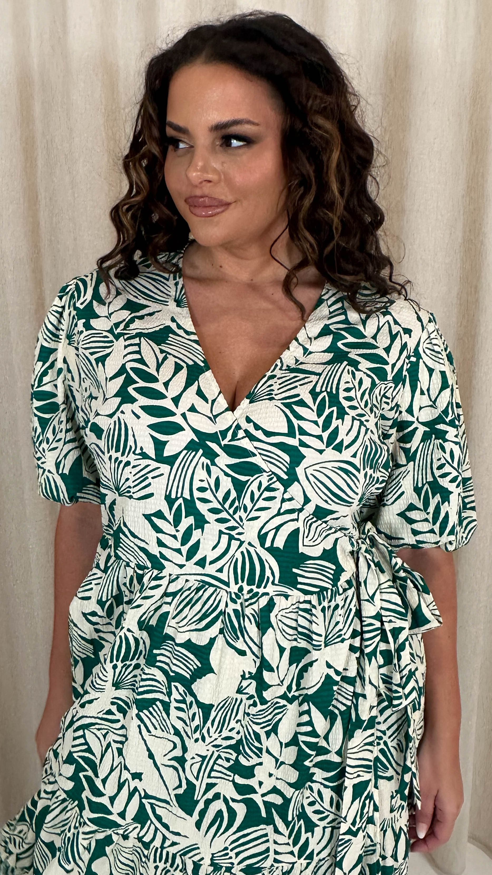 CurveWow Puff Sleeve Tiered Wrap Dress Teal Green Floral