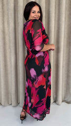 CurveWow Ruched Chest Keyhole Maxi Dress Pink Brush Stroke Print