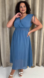 CurveWow Shirred Waist Dobby Midaxi Dress Dusty Blue