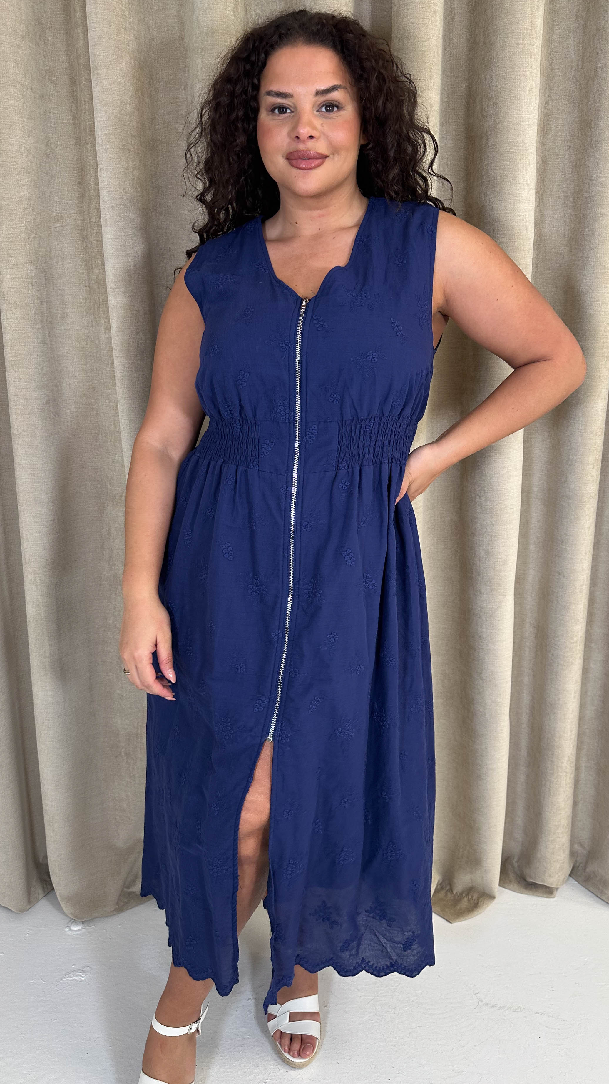 CurveWow Broderie Zip Front Dress Navy