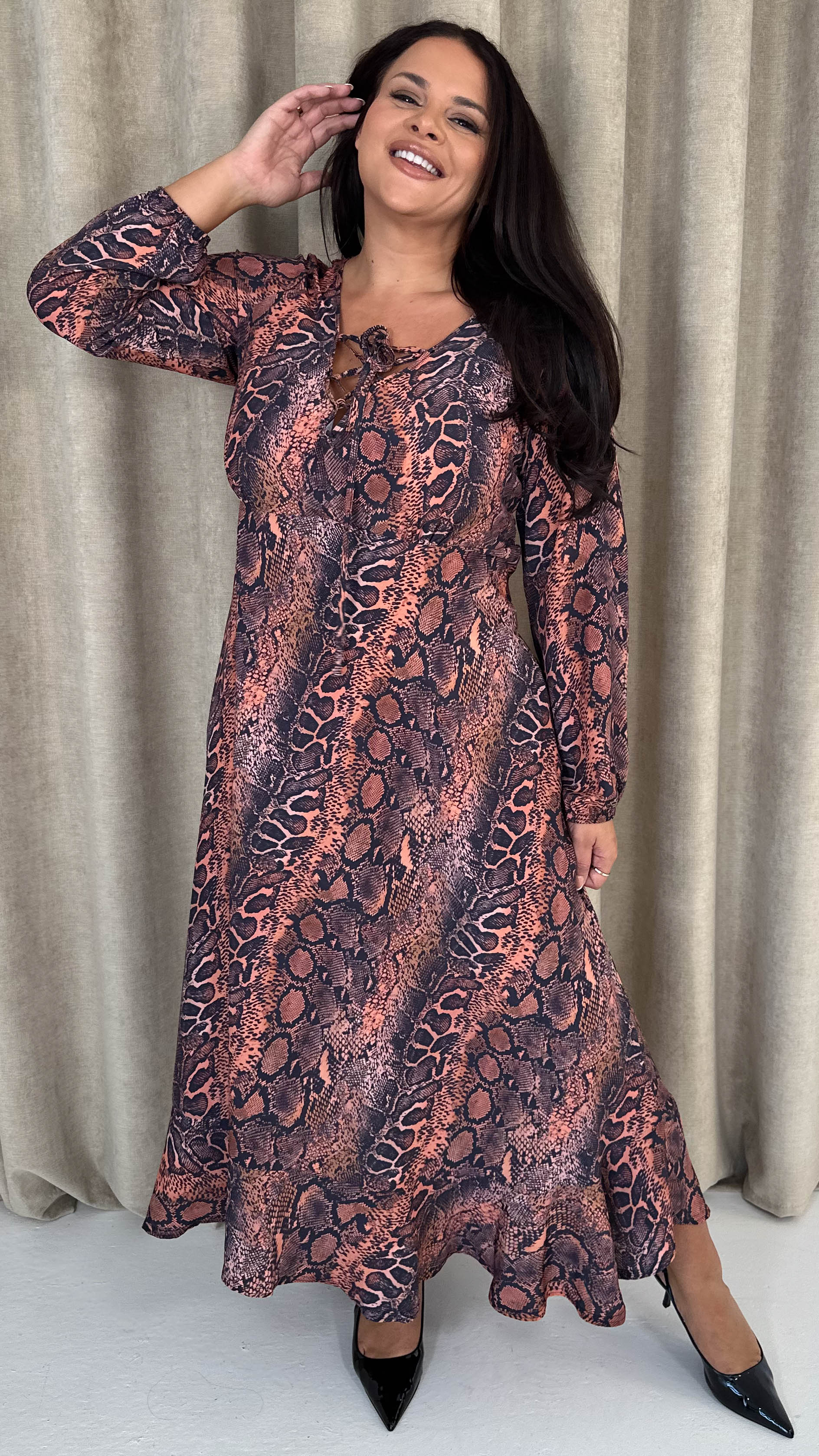 CurveWow Lace Front Frill Hem Midi Dress Snake