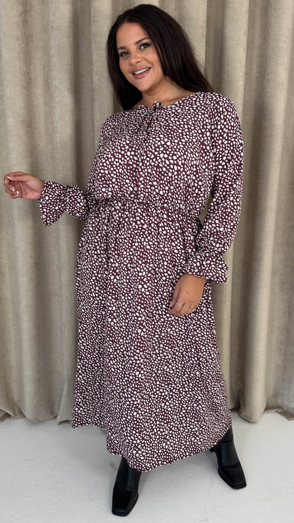 CurveWow Tie Cuff Midaxi Dress Plum Animal
