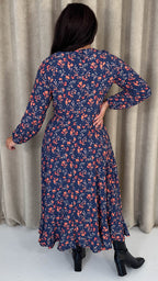 CurveWow Lace Front Frill Hem Midi Dress Navy Floral